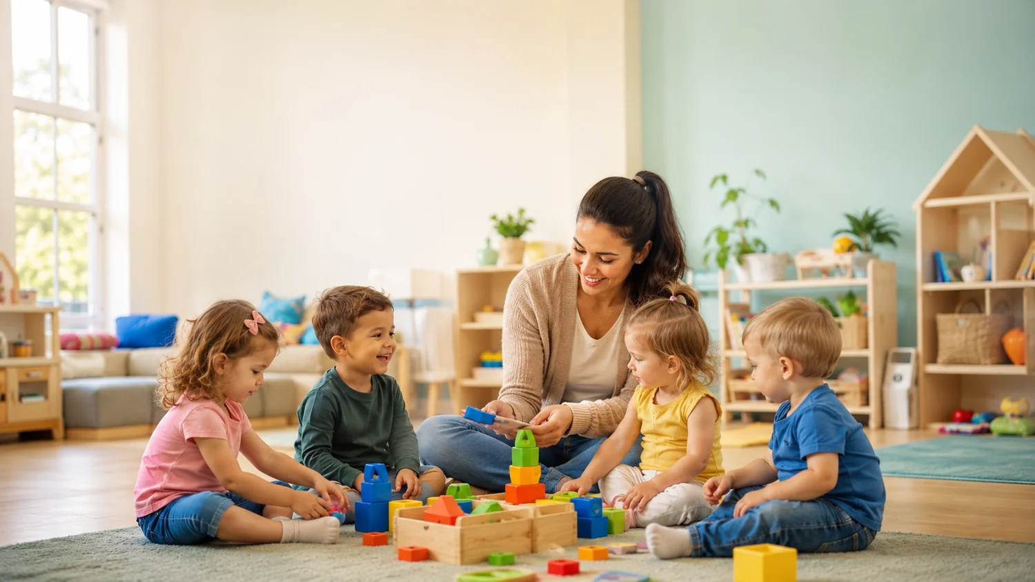 Smiling children and caregiver participating in a daycare classroom activity