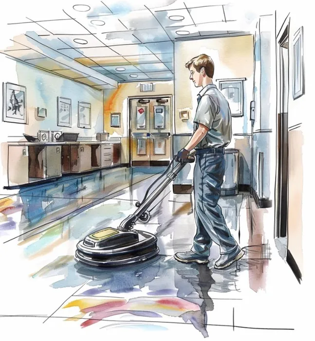 Illustration of a commercial cleaning worker polishing a business floor