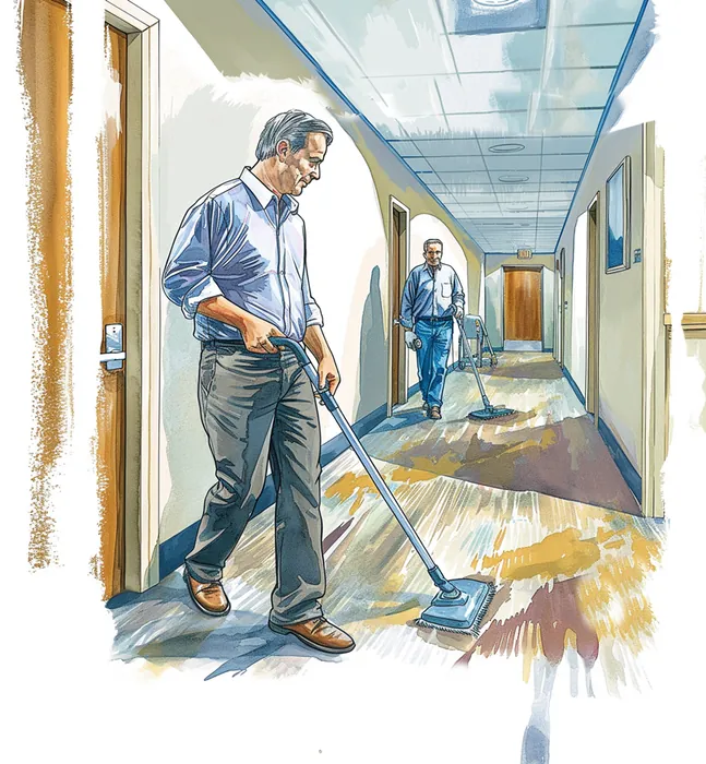 Illustration of a janitorial worker maintaining a commercial hallway