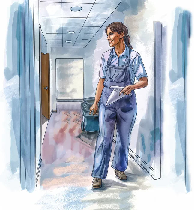 Illustration of a commercial cleaning worker preparing a clean interior space