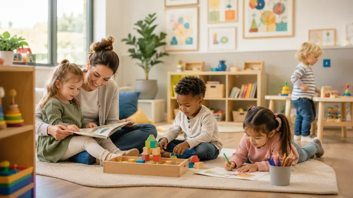Daycare teacher leading children through circle time in a bright classroom