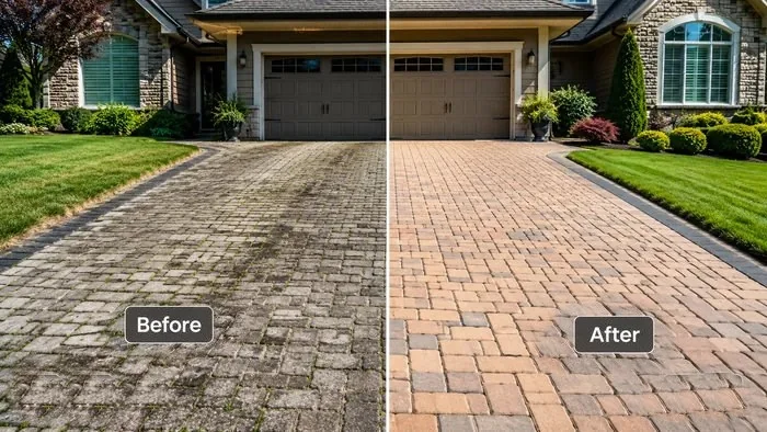 Before and after brick paver driveway cleaning