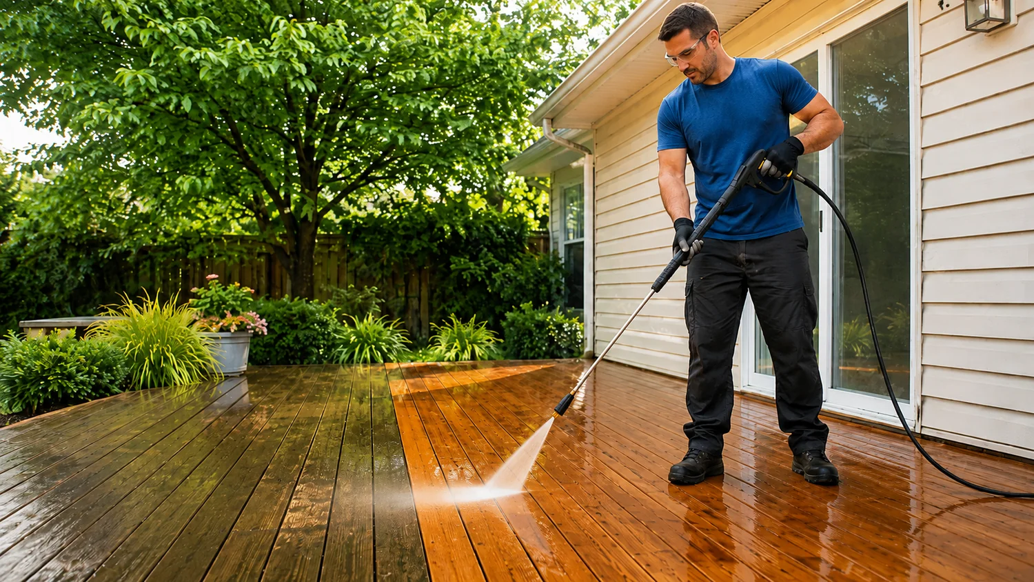 Pressure washing wooden deck boards