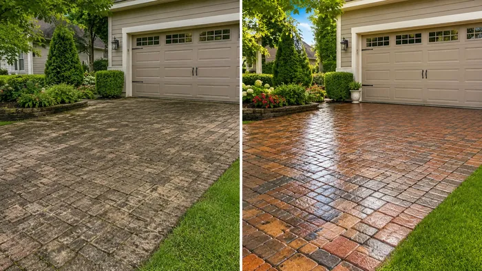 Before and after driveway pressure washing result