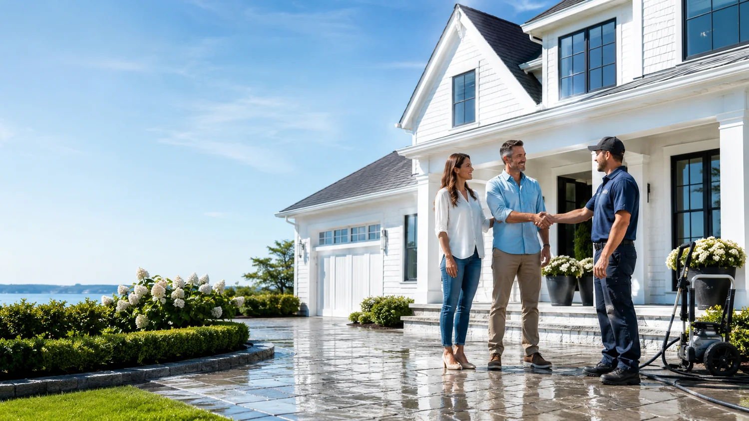 Happy property owners reviewing exterior cleaning service with a professional pressure washing technician