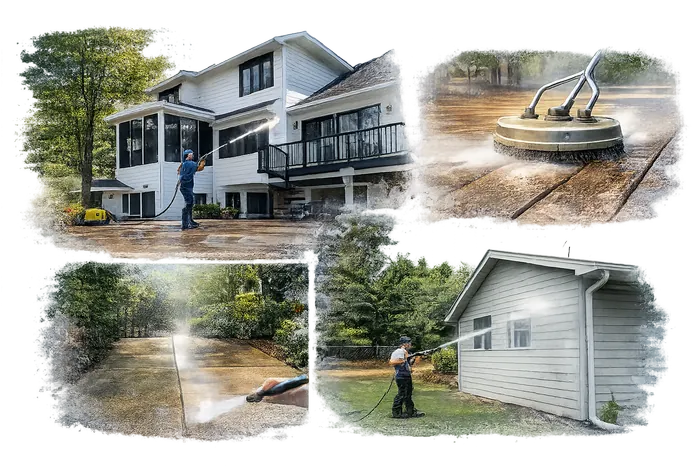 Pressure washing service collage showing clean exterior surfaces and property care