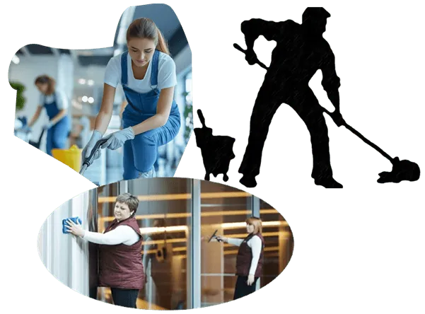 Commercial janitorial cleaning, restroom sanitation, and floor care service collage
