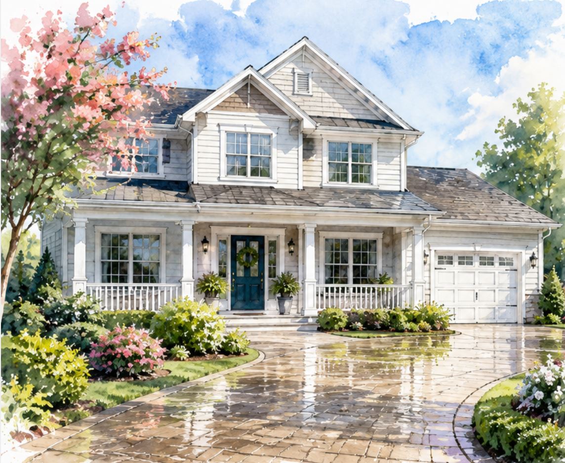 Bright flowers and clean curb appeal after exterior property cleaning