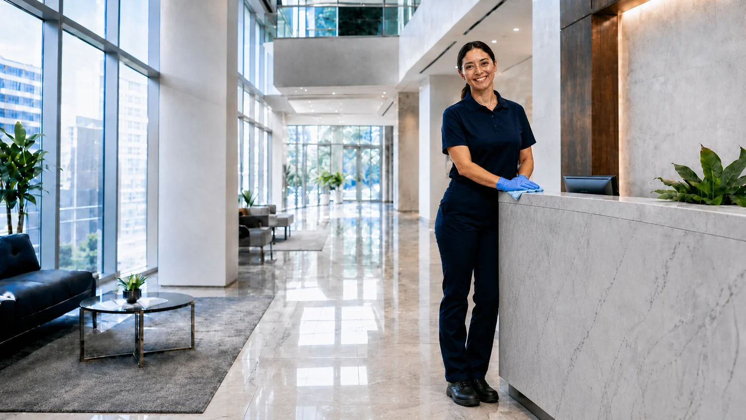 Summit Janitorial Services team member cleaning a professional commercial lobby