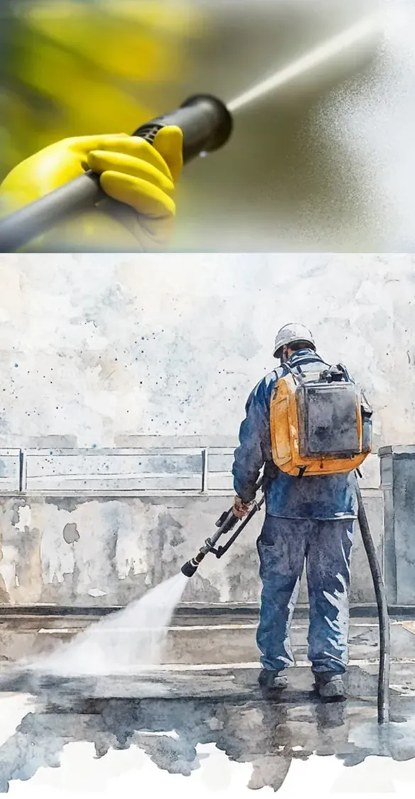 Pressure washing technician spraying an exterior concrete surface