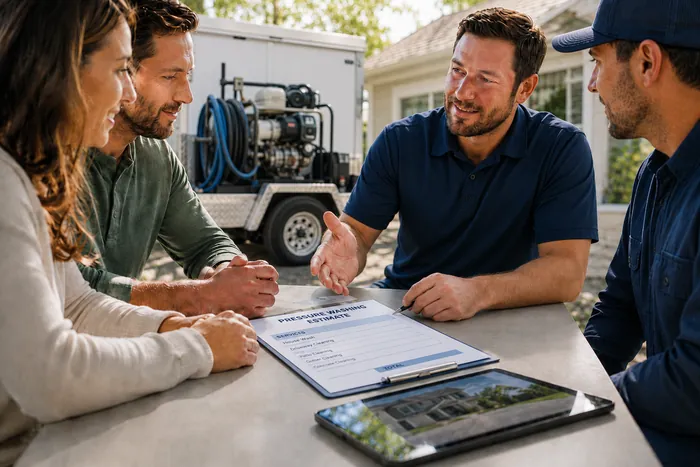 Pressure washing company representative speaking with customers