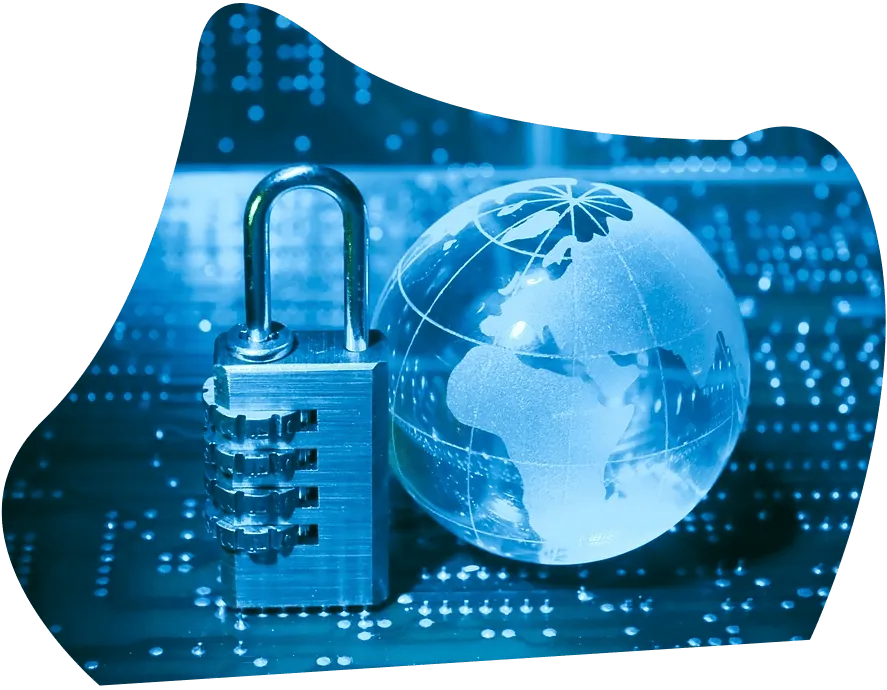 Data security lock and digital globe graphic